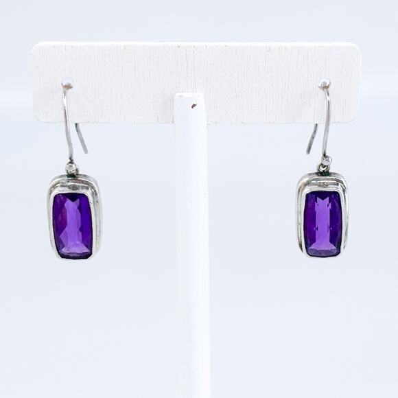 Faceted Rectangular Amethyst Dangle Earrings | Vintage Sterling Silver 925 - Picture 3 of 8